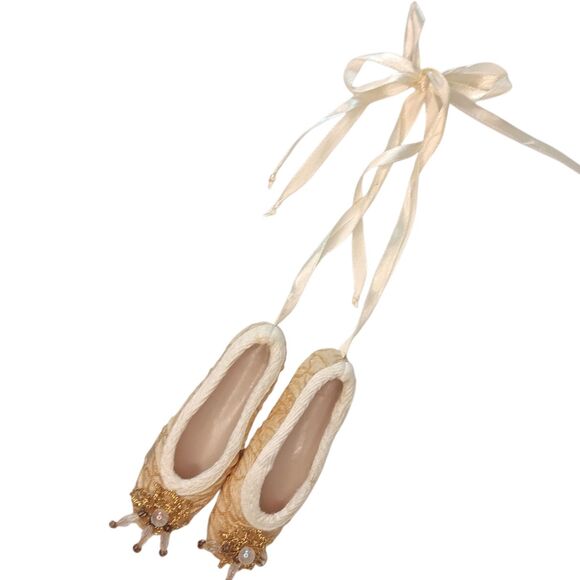 Ballet Slippers Toe Shoes Ornament Or Decor Gold Fabric Embellished & Ribbon 4.5 - Picture 4 of 14
